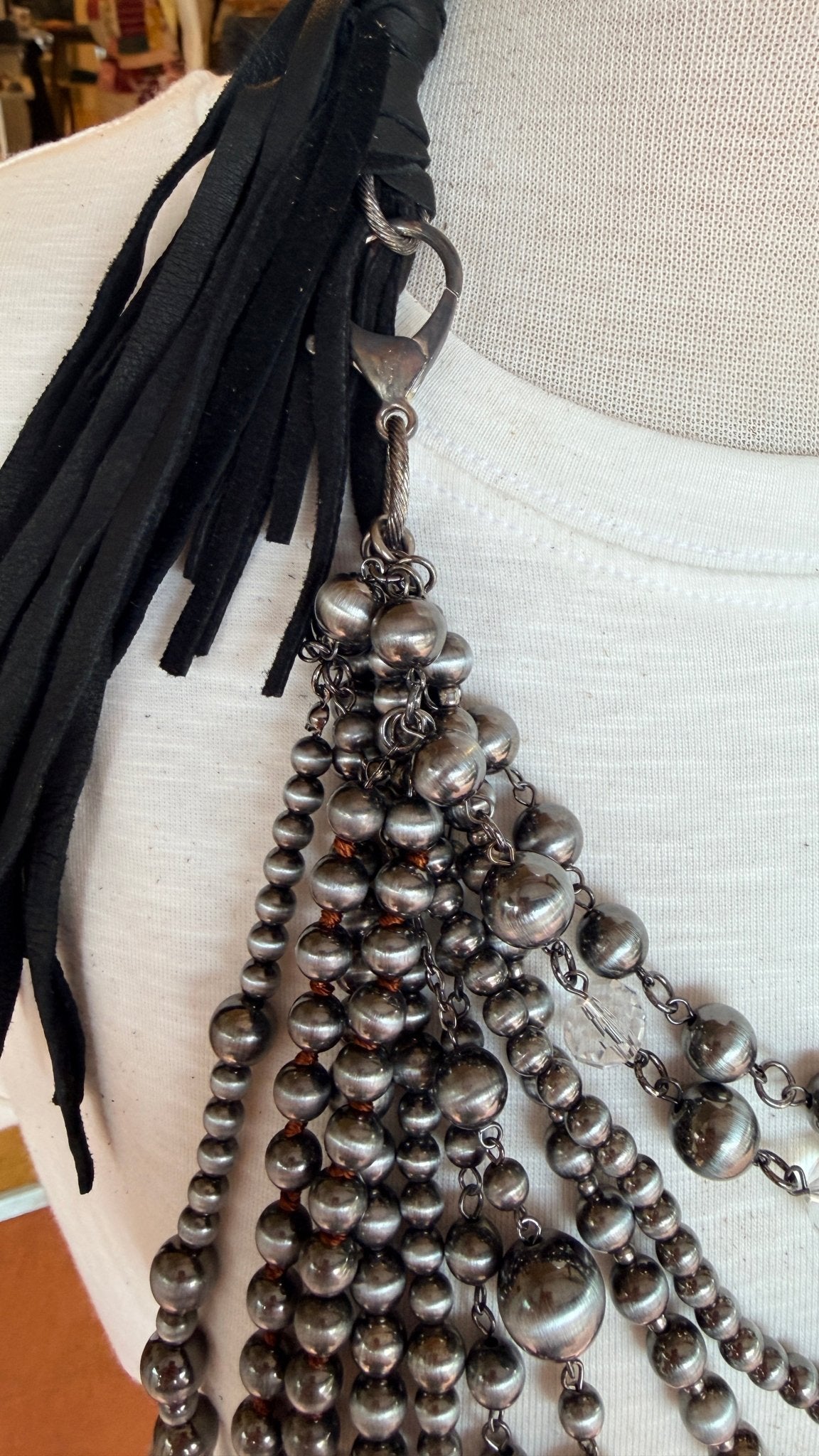 Leather & Silver Pearl Statement Necklace - Rebecca James Clothing
