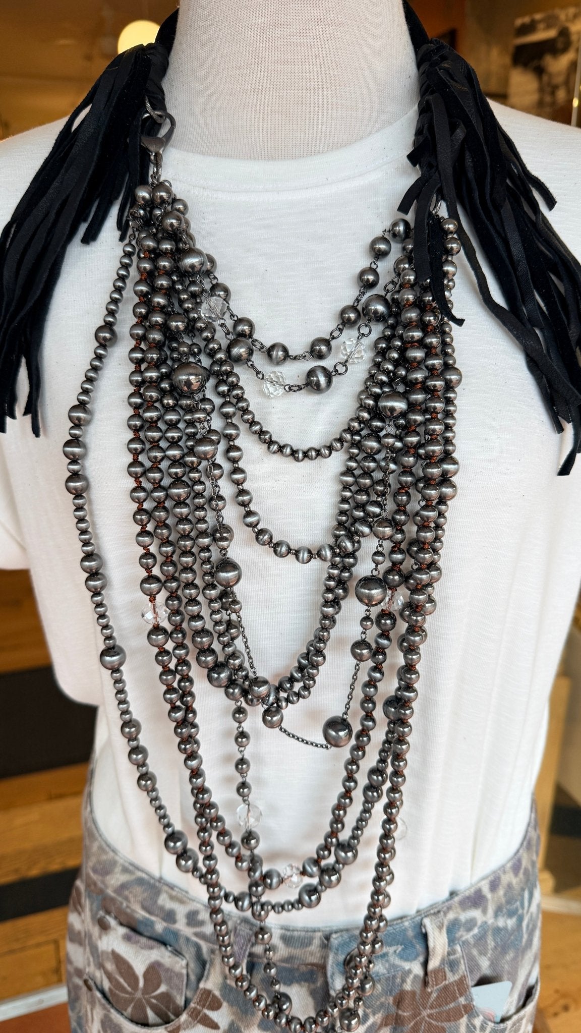 Leather & Silver Pearl Statement Necklace - Rebecca James Clothing