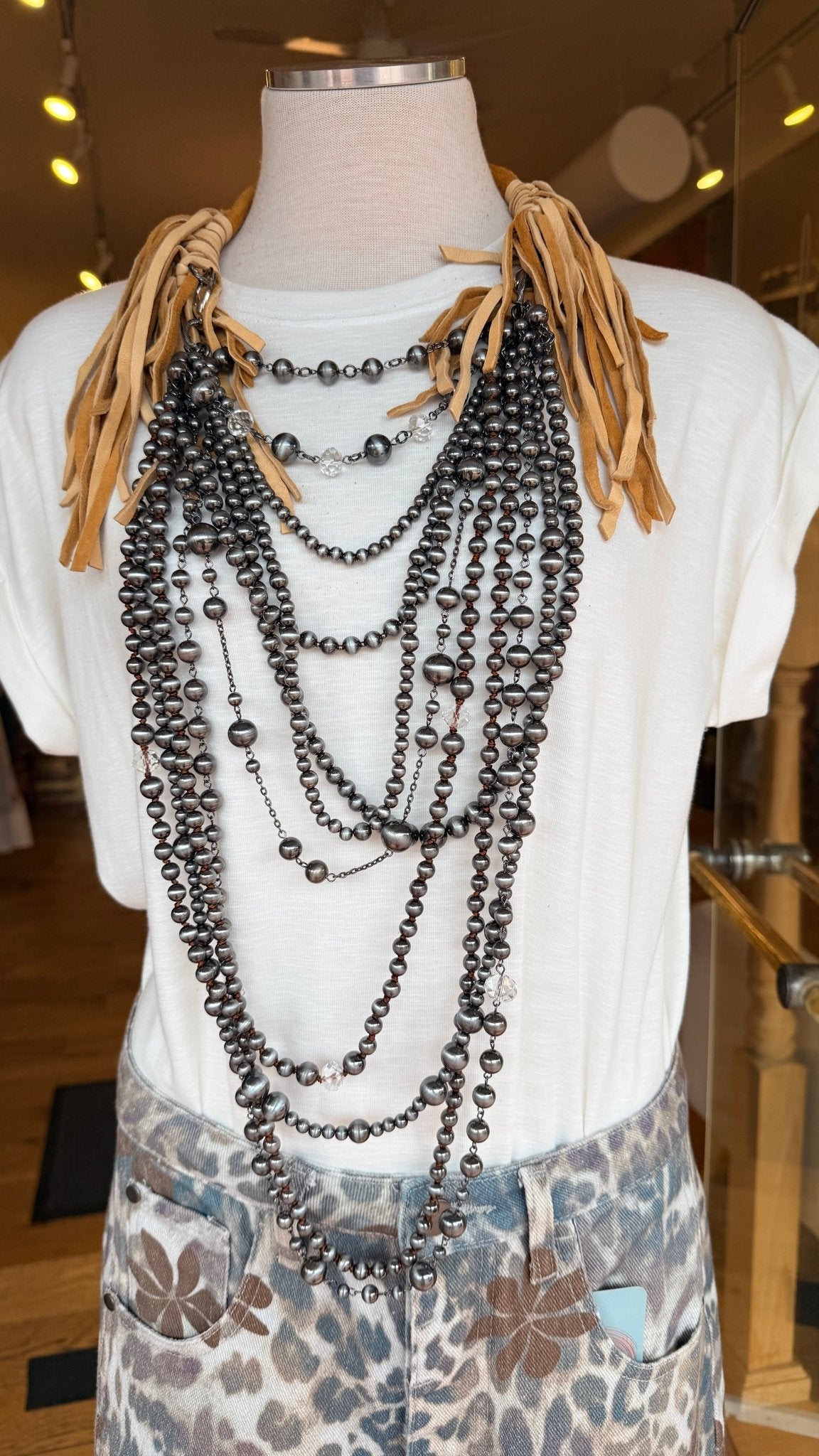 Leather & Silver Pearl Statement Necklace - Rebecca James Clothing
