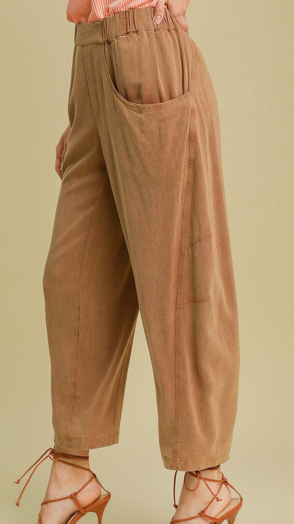 Linen Blend Coco Brown Barrel Pants - Rebecca James Clothing