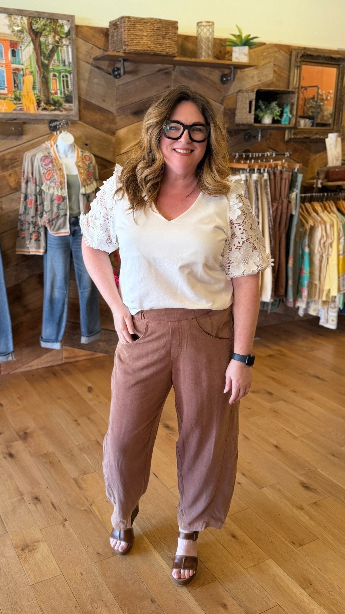 Linen Blend Coco Brown Barrel Pants - Rebecca James Clothing
