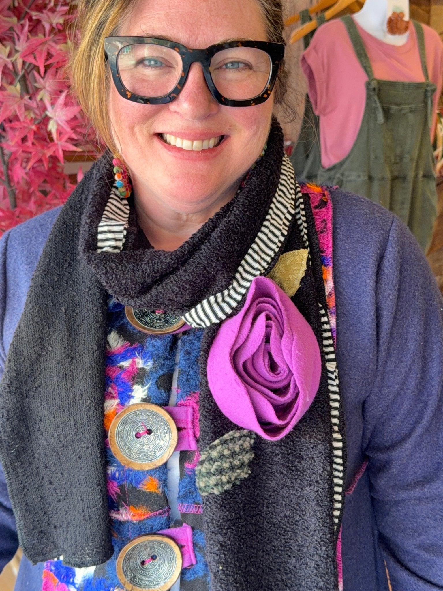Magenta Rose Black Frill Scarf by Hand Jive Clothing - Rebecca James Clothing