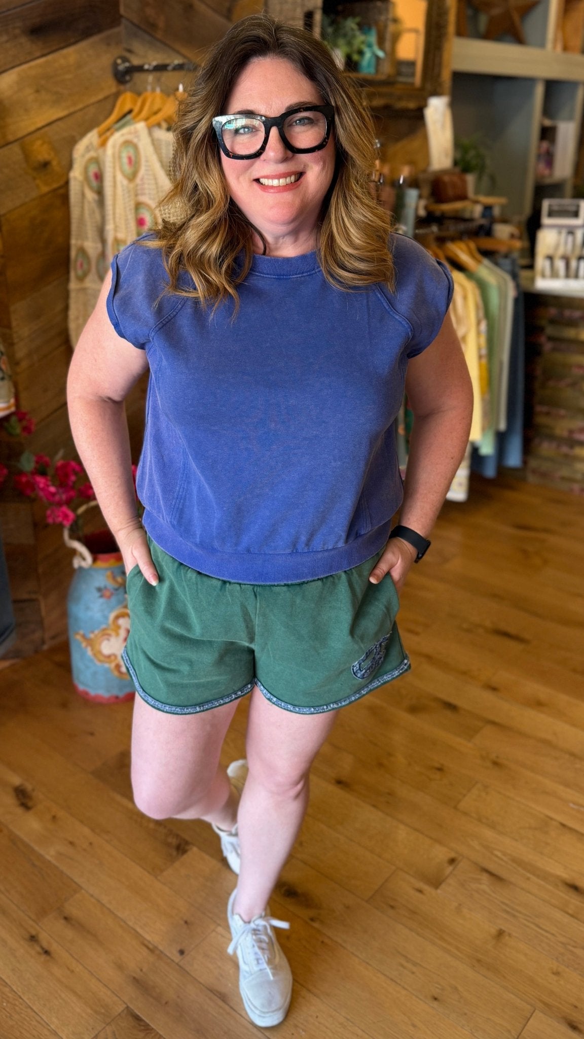 Mineral Wash Green Cotton Short With Peace Patch - Rebecca James Clothing