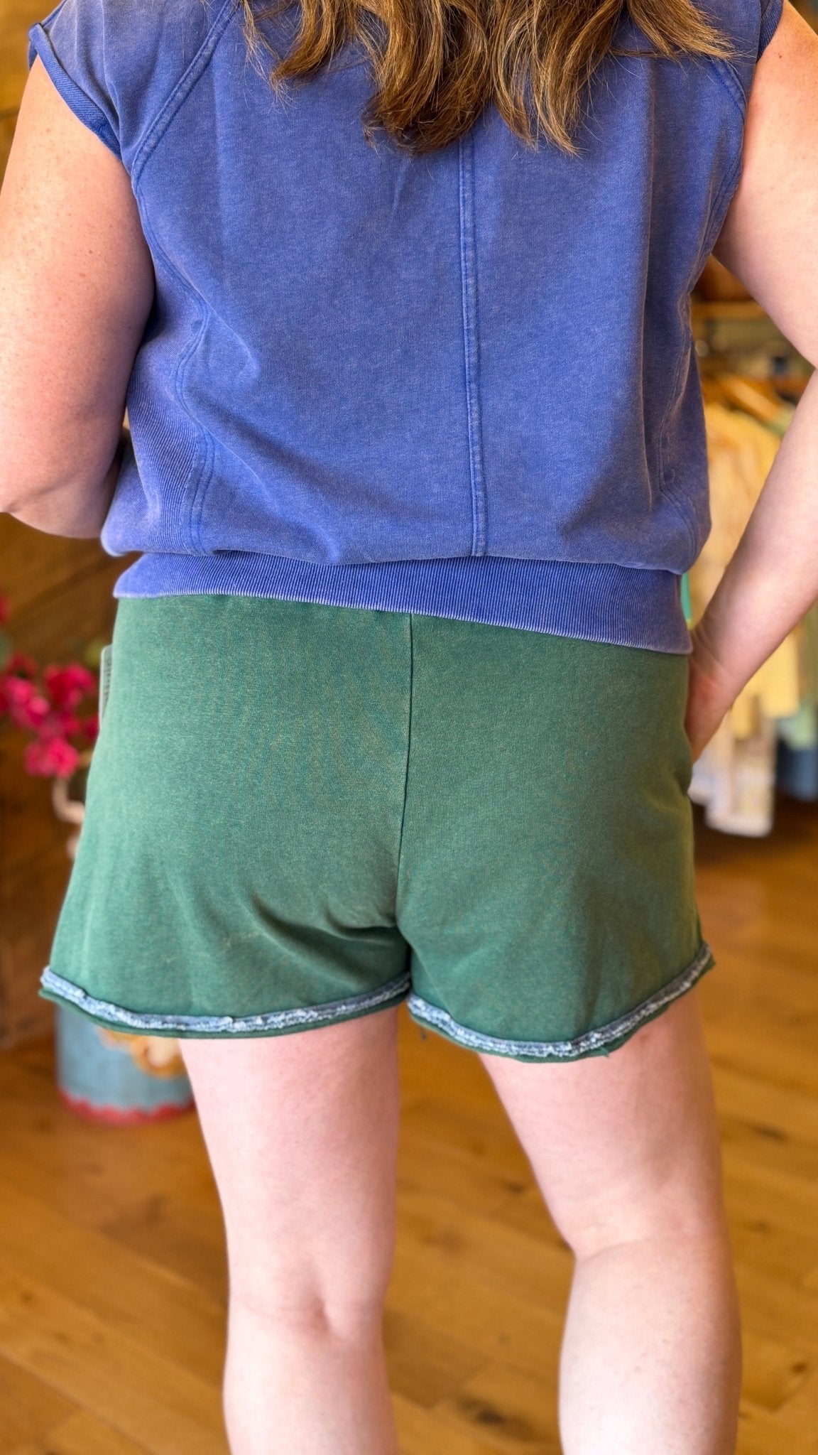 Mineral Wash Green Cotton Short With Peace Patch - Rebecca James Clothing