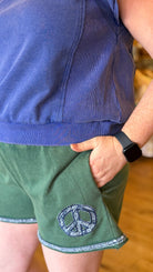 Mineral Wash Green Cotton Short With Peace Patch - Rebecca James Clothing