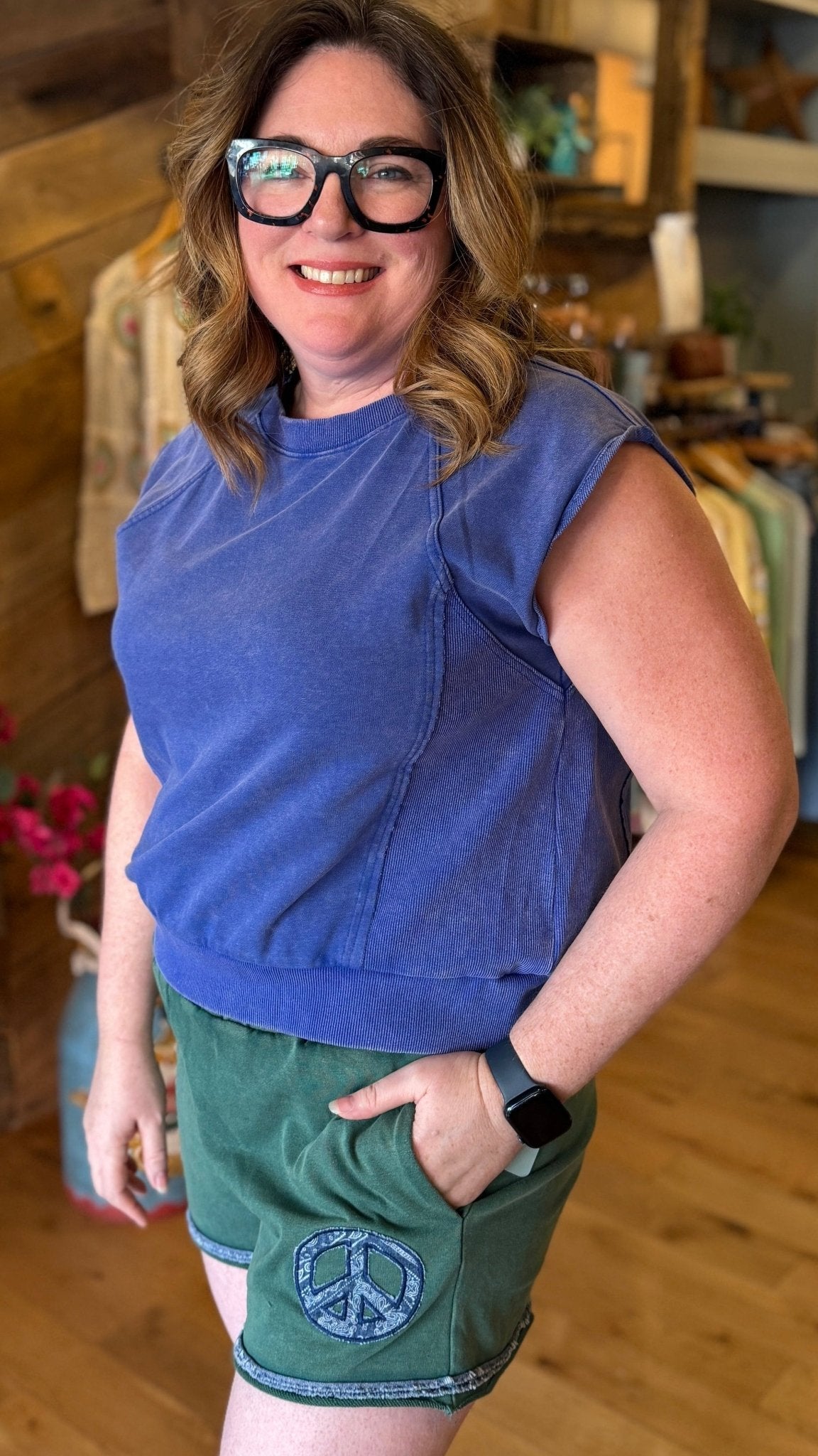 Mineral Wash Green Cotton Short With Peace Patch - Rebecca James Clothing