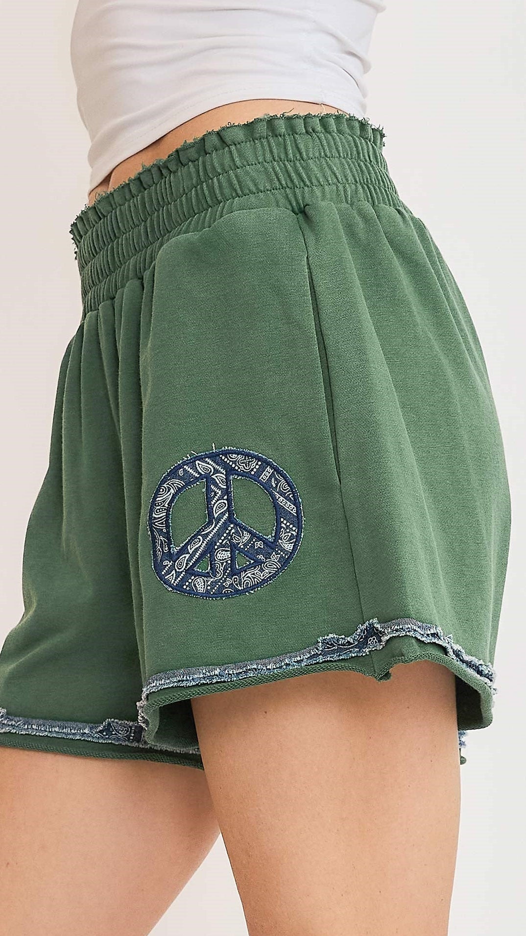 Mineral Wash Green Cotton Short With Peace Patch - Rebecca James Clothing