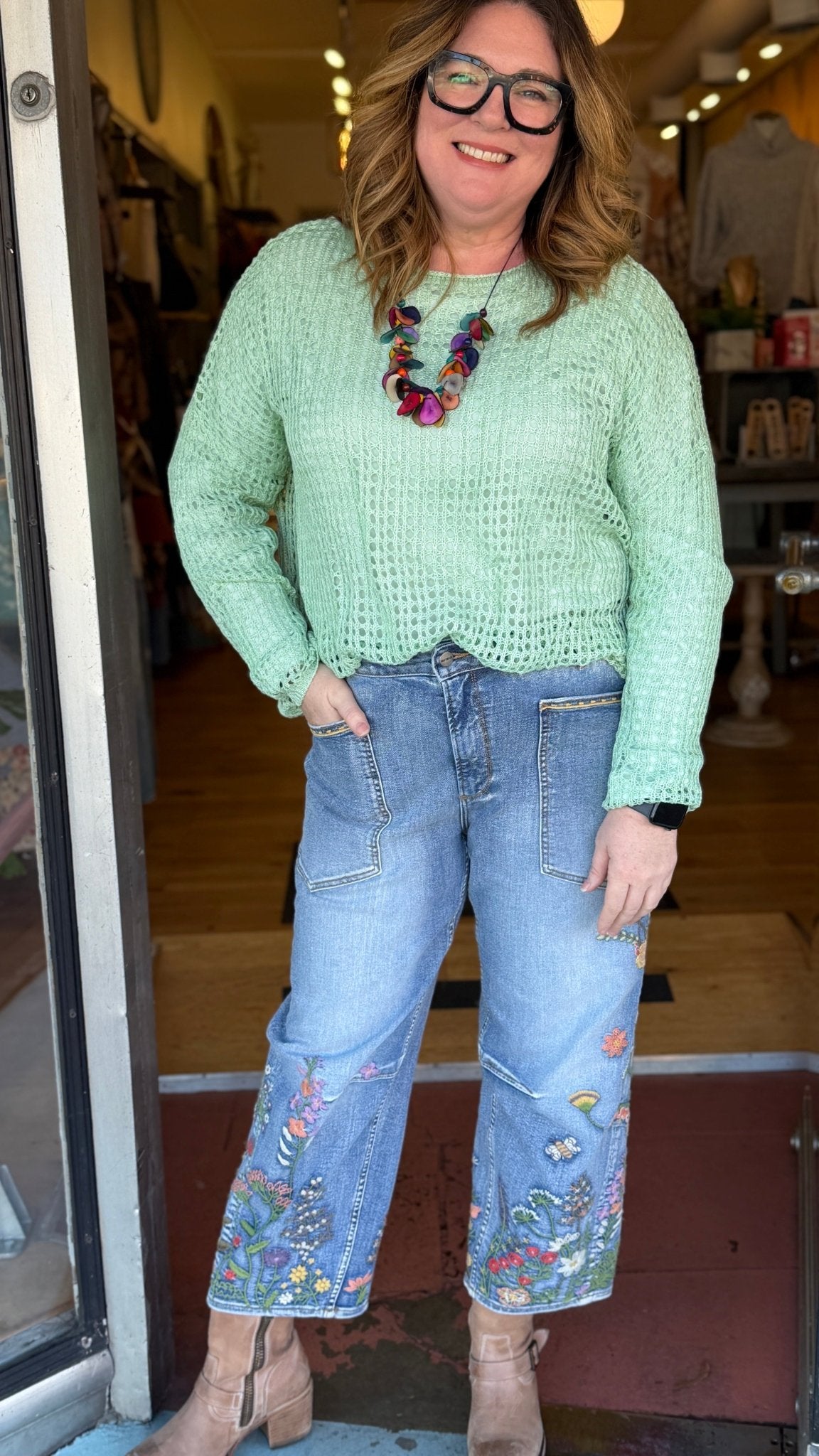 Mint Green Open Knit Sweater - Rebecca James Clothing