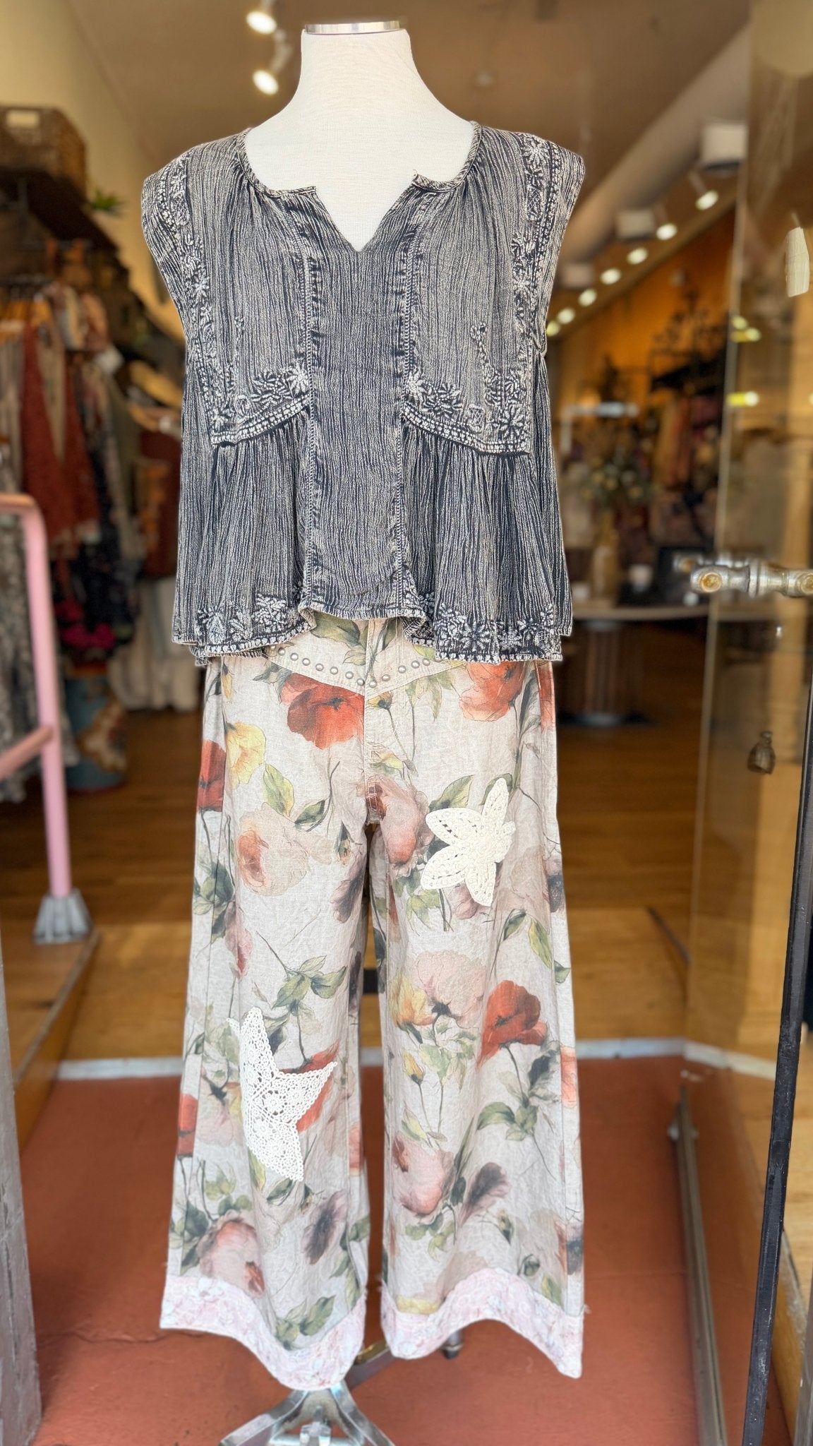Mixed Floral Star Patch Boho Pants by POL - Rebecca James Clothing