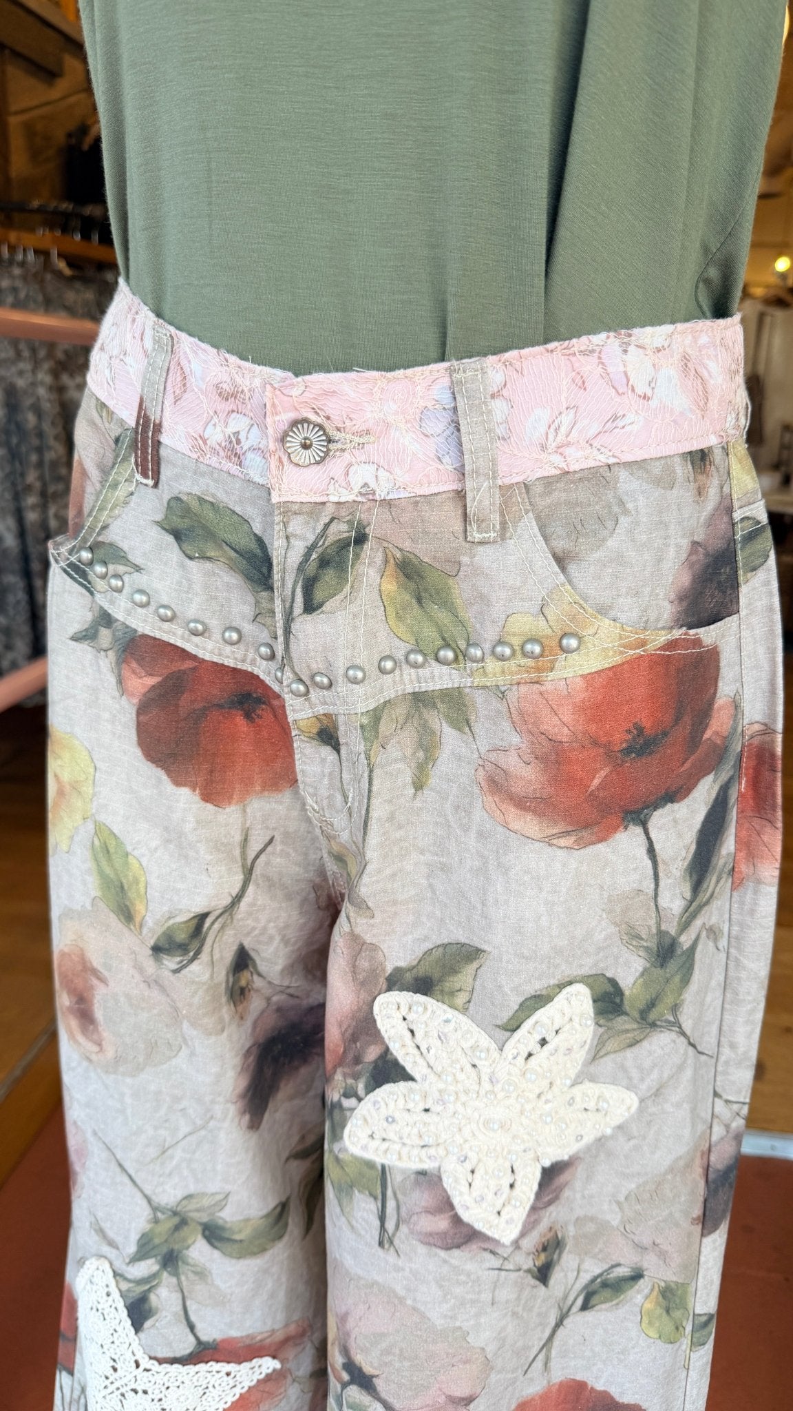Mixed Floral Star Patch Boho Pants by POL - Rebecca James Clothing