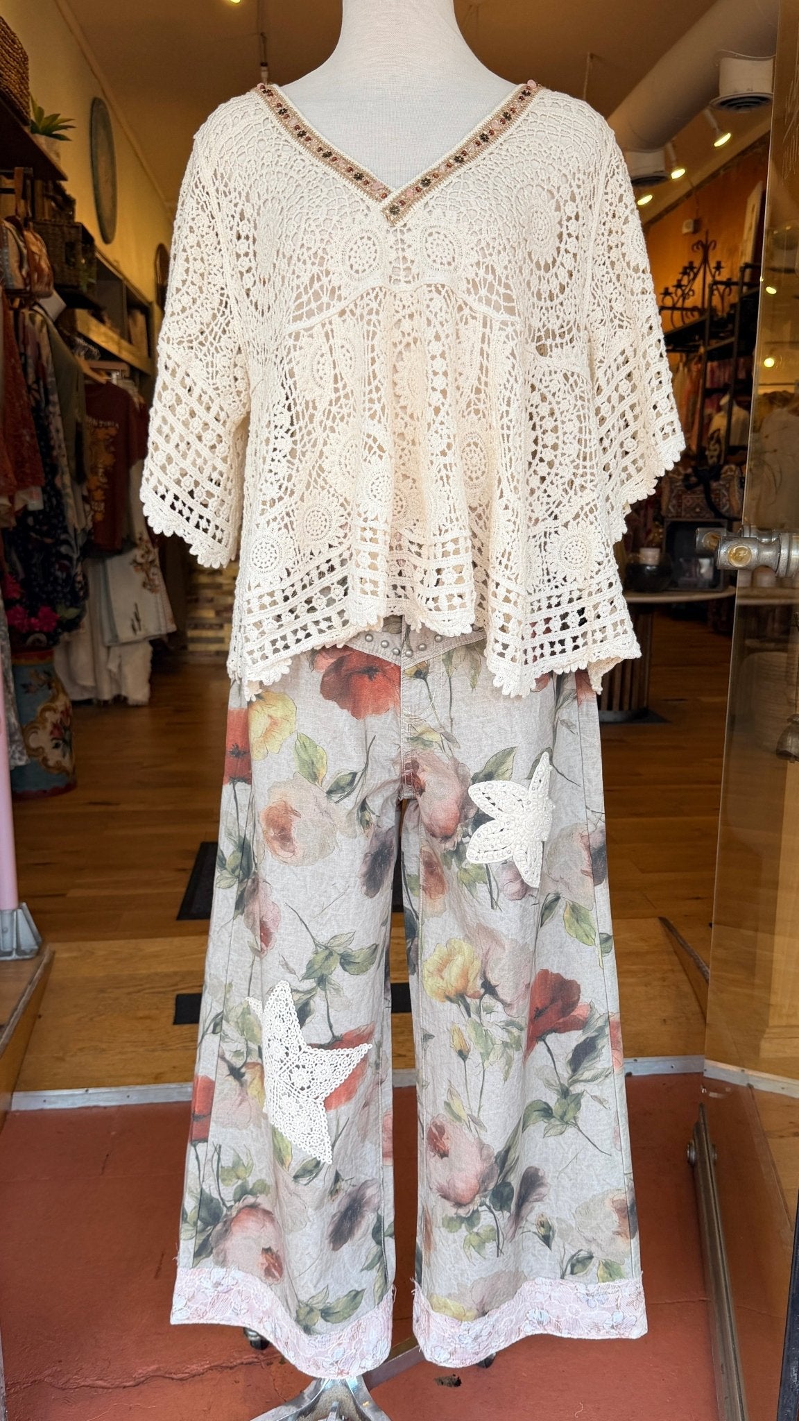 Mixed Floral Star Patch Boho Pants by POL - Rebecca James Clothing