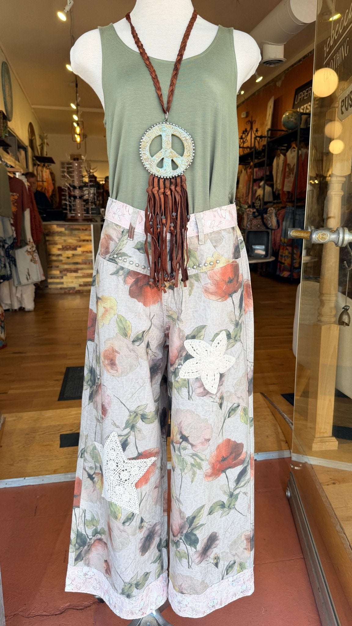 Mixed Floral Star Patch Boho Pants by POL - Rebecca James Clothing