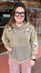 Mocha Mixed Fabric Embroidered Hooded Pullover - Rebecca James Clothing