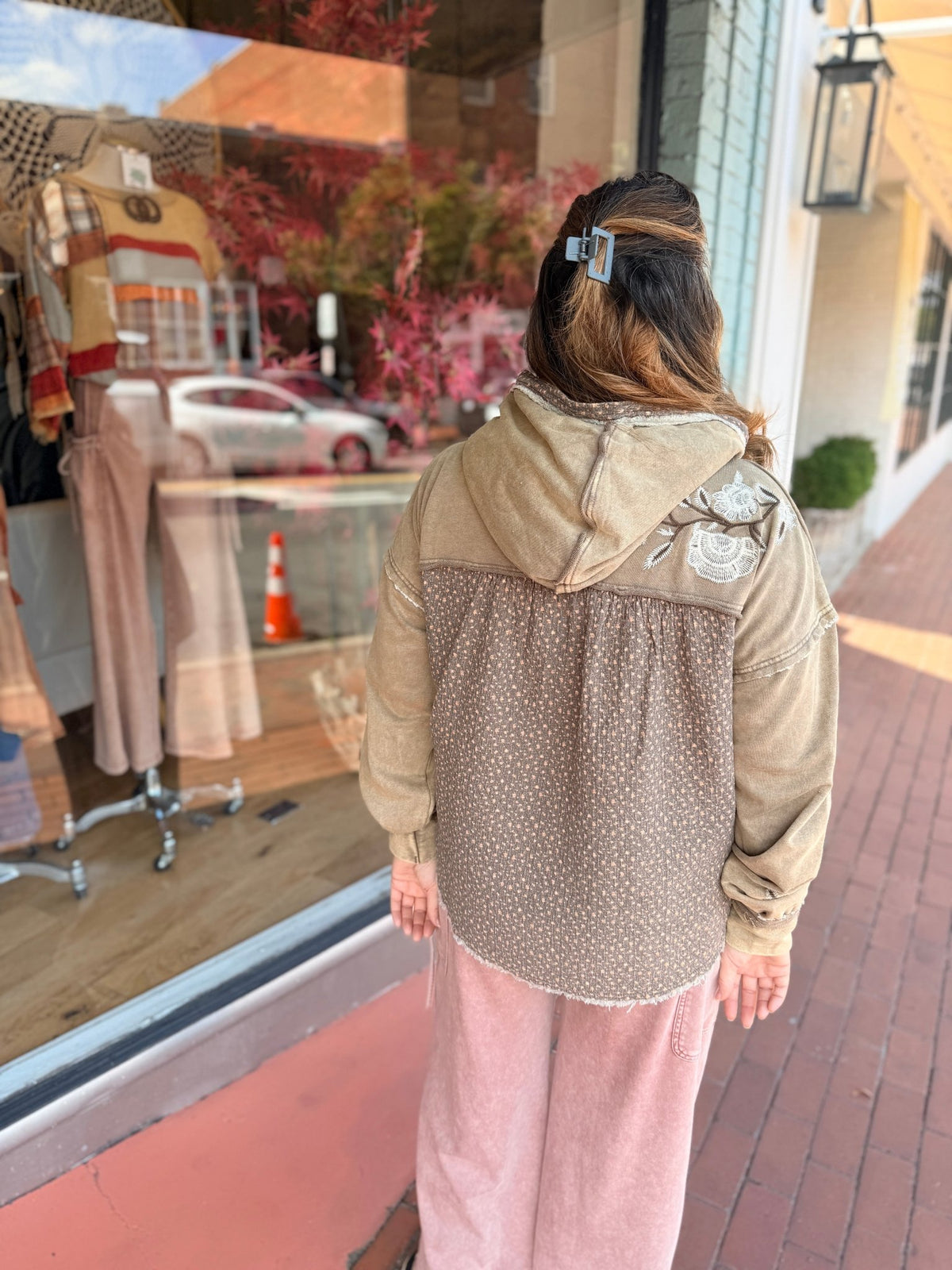 Mocha Mixed Fabric Embroidered Hooded Pullover - Rebecca James Clothing
