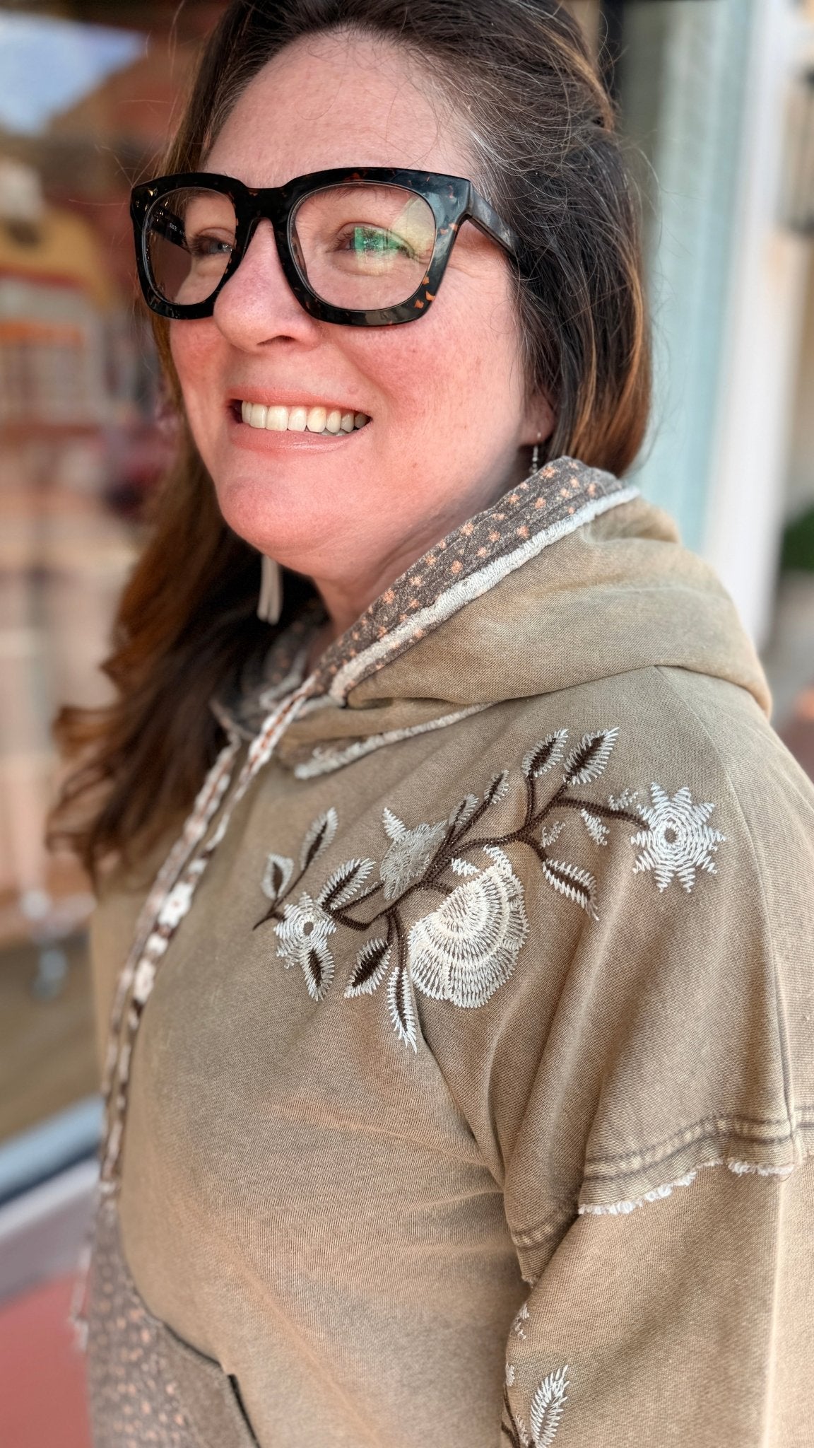 Mocha Mixed Fabric Embroidered Hooded Pullover - Rebecca James Clothing