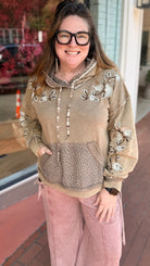Mocha Mixed Fabric Embroidered Hooded Pullover - Rebecca James Clothing