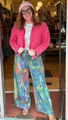 Monet Abstract Print Wide Leg Cargo Pants – Artistic High - Waist Printed Denim - Rebecca James Clothing