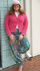 Monet Abstract Print Wide Leg Cargo Pants – Artistic High - Waist Printed Denim - Rebecca James Clothing