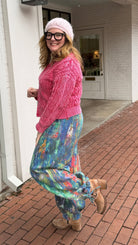Monet Abstract Print Wide Leg Cargo Pants – Artistic High - Waist Printed Denim - Rebecca James Clothing