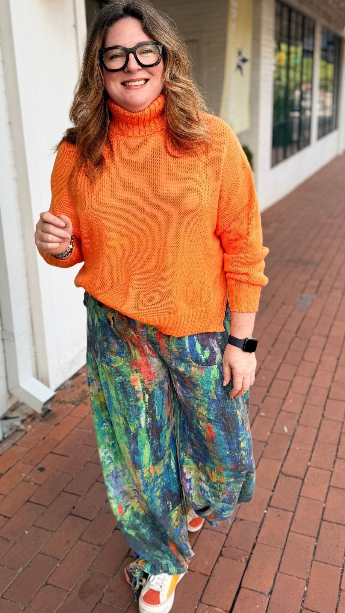 Monet Abstract Print Wide Leg Cargo Pants – Artistic High-Waist Printed Denim - Rebecca James Clothing