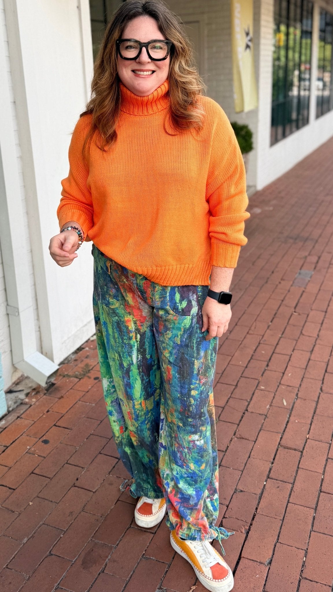 Monet Abstract Print Wide Leg Cargo Pants – Artistic High-Waist Printed Denim - Rebecca James Clothing