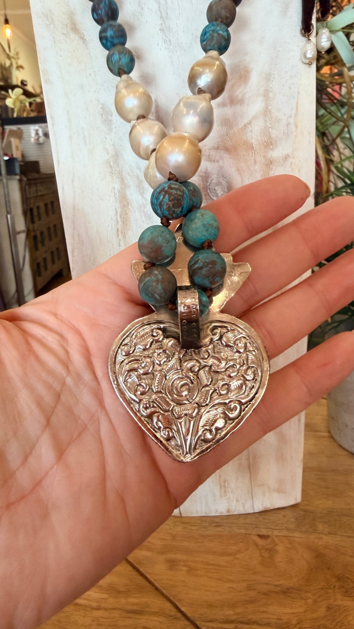Natural Chrysocolla Heart Pendant Necklace With Baroque Pearls & Africa Jasper Beads - Rebecca James Clothing
