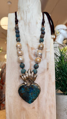 Natural Chrysocolla Heart Pendant Necklace With Baroque Pearls & Africa Jasper Beads - Rebecca James Clothing