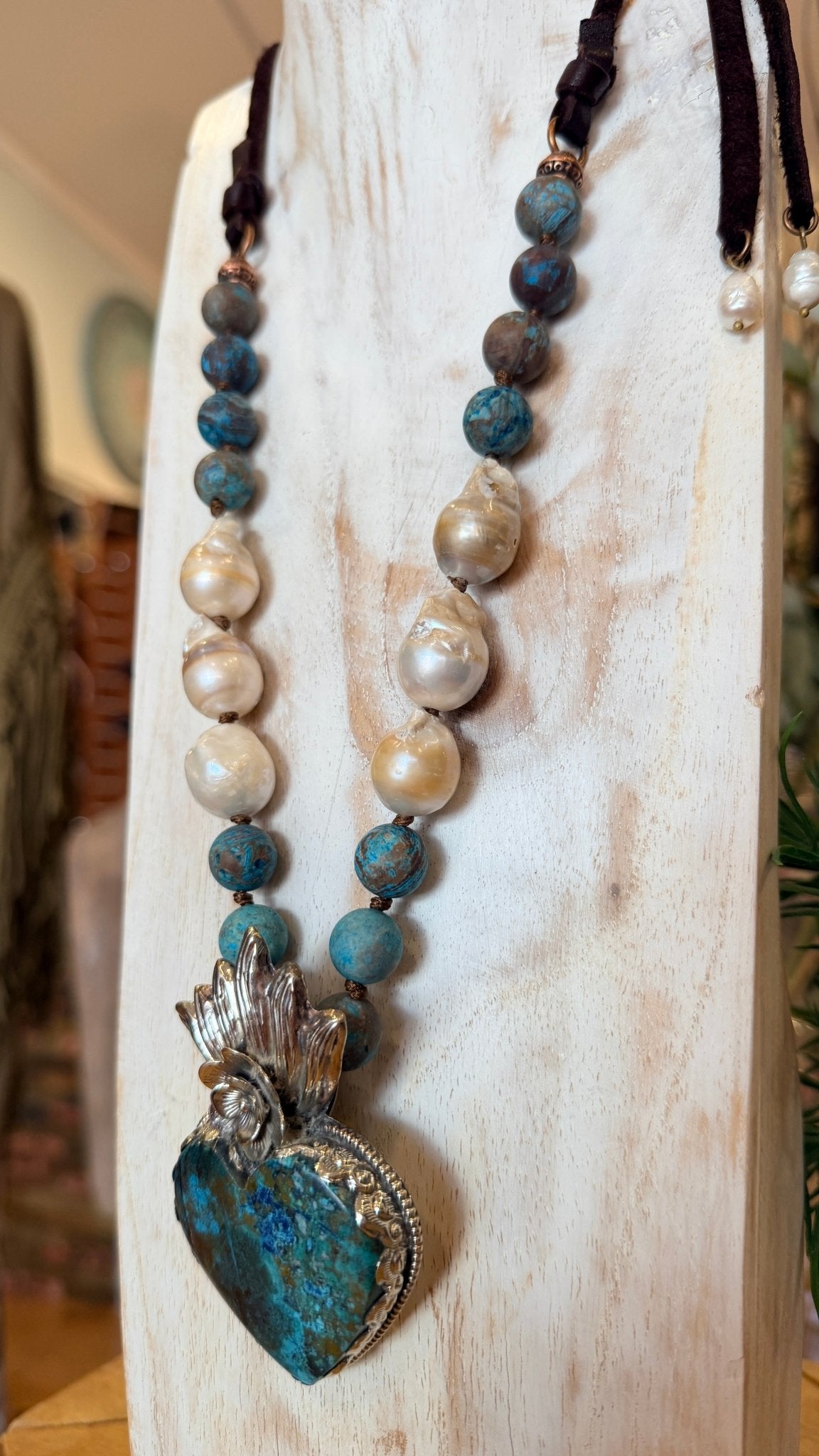 Natural Chrysocolla Heart Pendant Necklace With Baroque Pearls & Africa Jasper Beads - Rebecca James Clothing