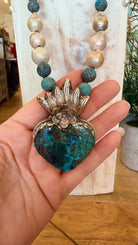 Natural Chrysocolla Heart Pendant Necklace With Baroque Pearls & Africa Jasper Beads - Rebecca James Clothing