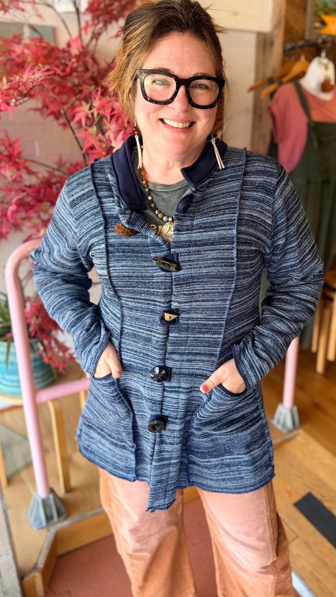 Navy Knit Sweater Coat by Hand Jive Clothing - Rebecca James Clothing