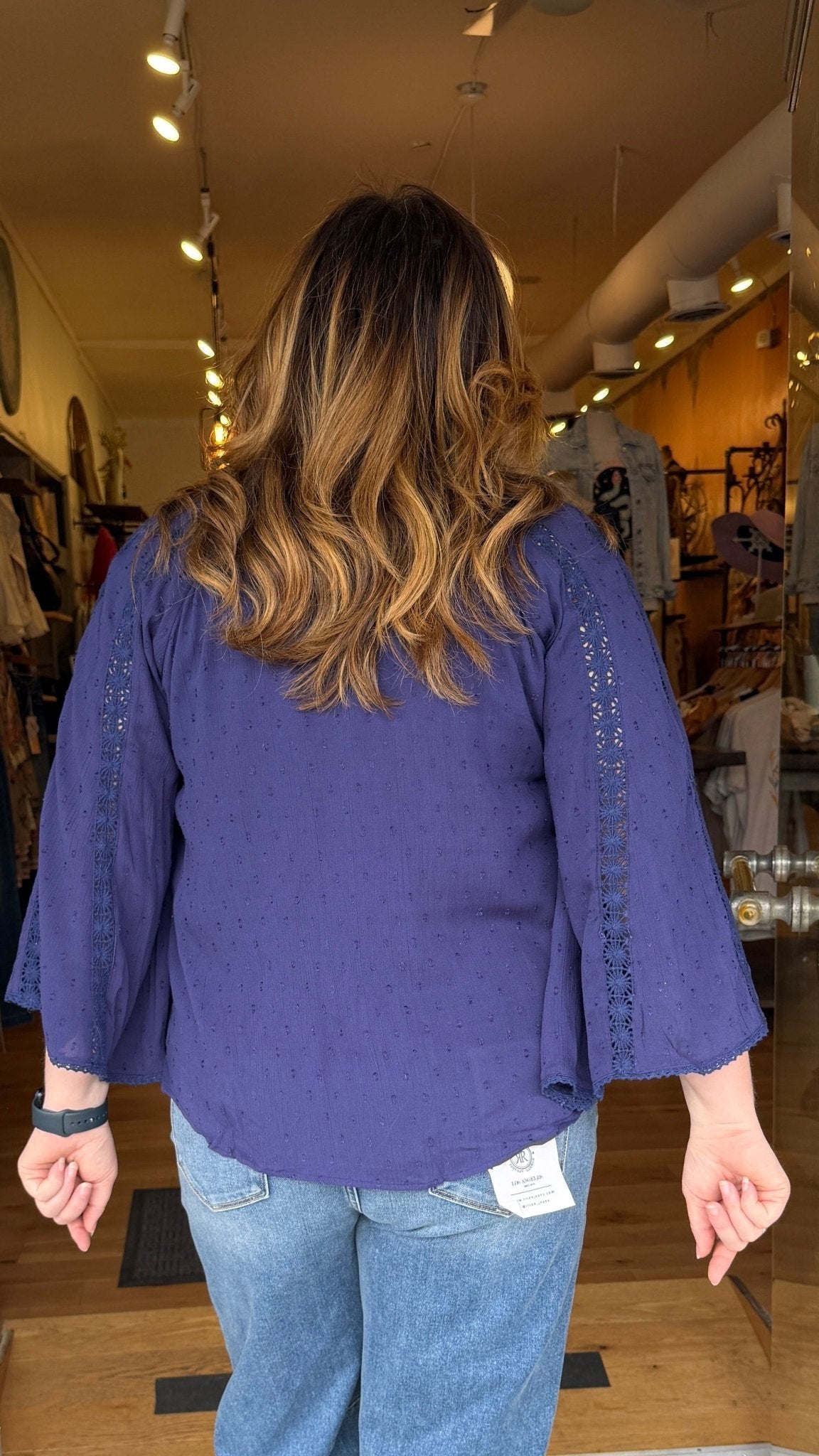 Navy Lace Inset Bell Sleeve Top - Rebecca James Clothing