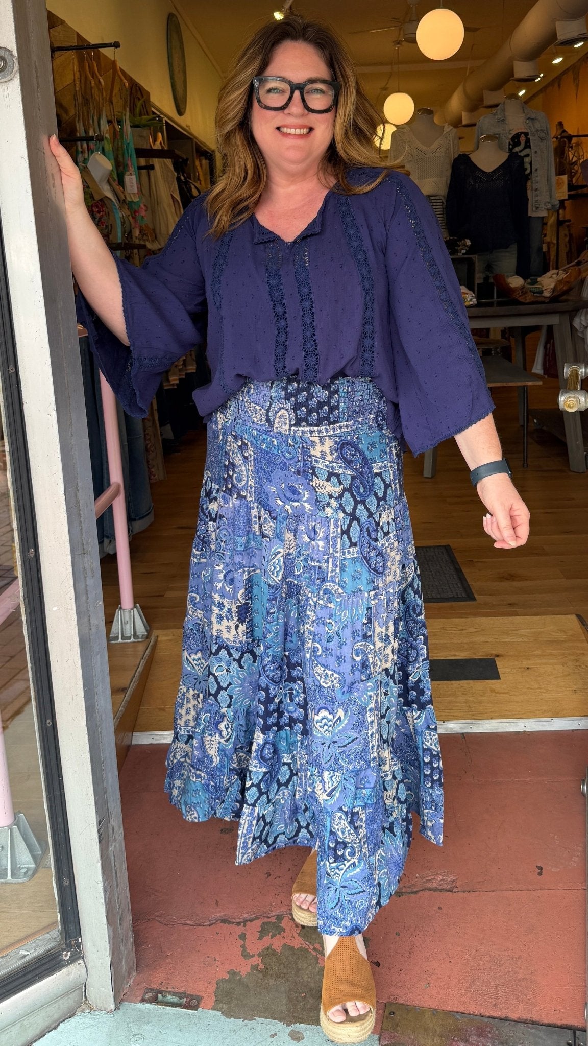 Navy Lace Inset Bell Sleeve Top - Rebecca James Clothing