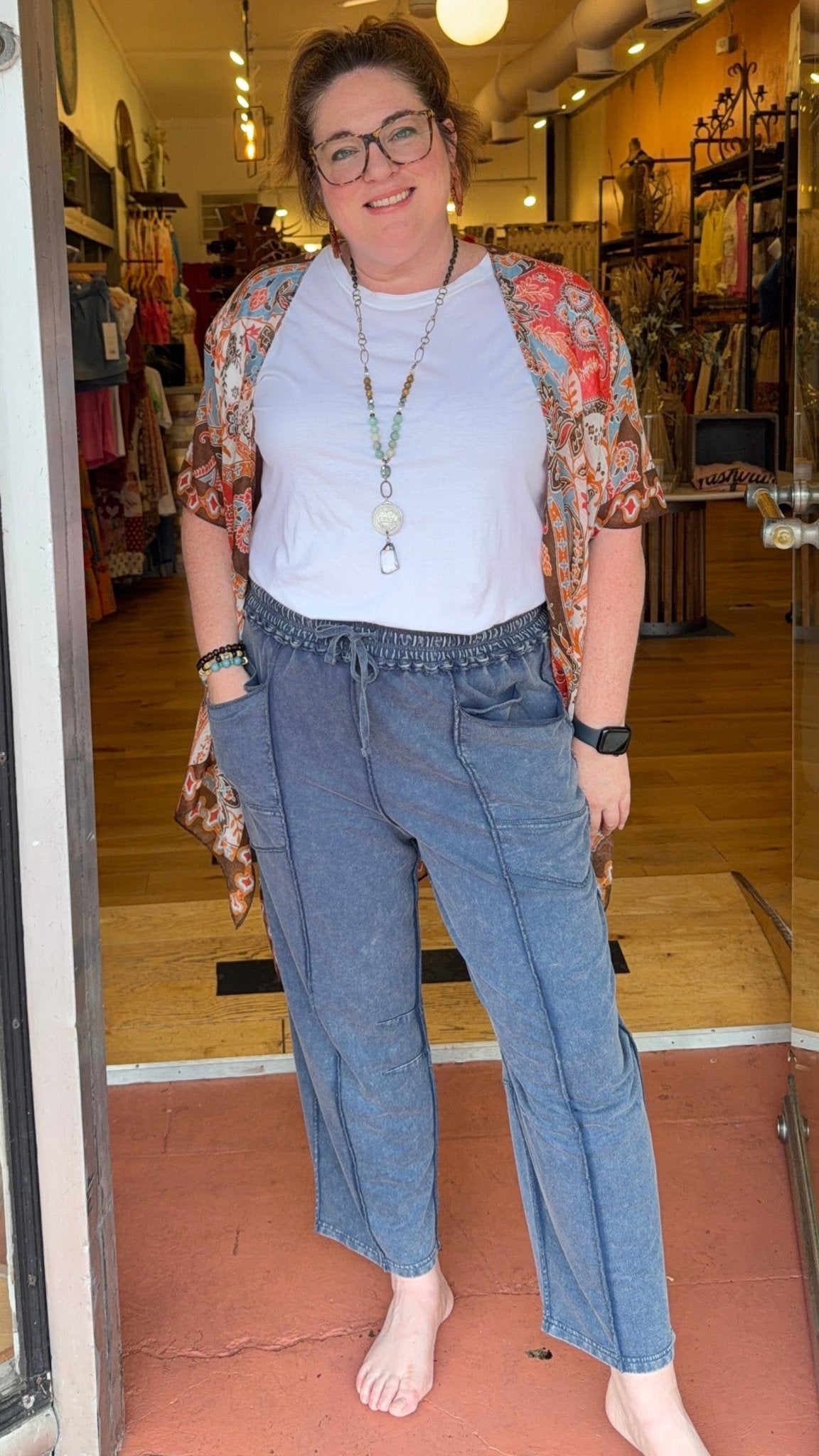 Navy Mineral Washed Terry Knit Barrel Pant - Rebecca James Clothing
