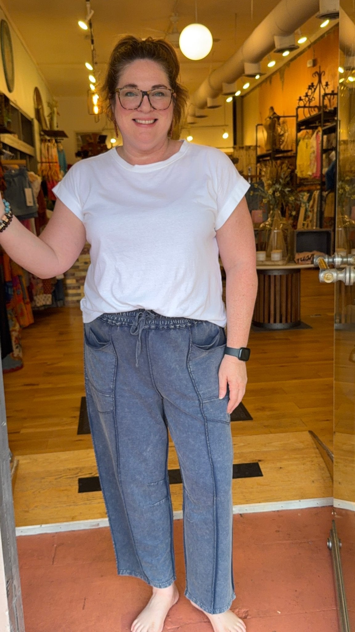 Navy Mineral Washed Terry Knit Barrel Pant - Rebecca James Clothing