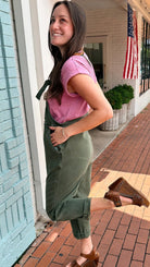 Olive Relaxed Fit Knot Strap Overalls - Rebecca James Clothing
