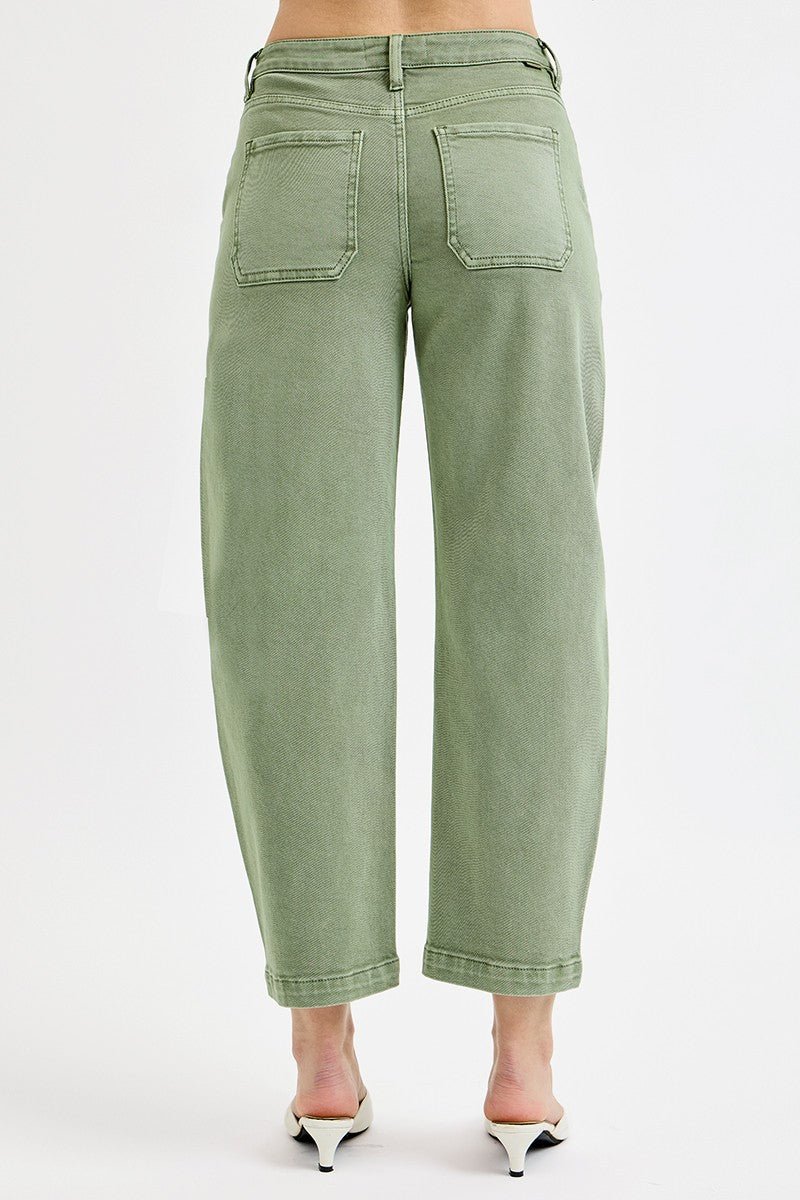 Olive Tummy Control High Rise Barrel Jeans - Rebecca James Clothing