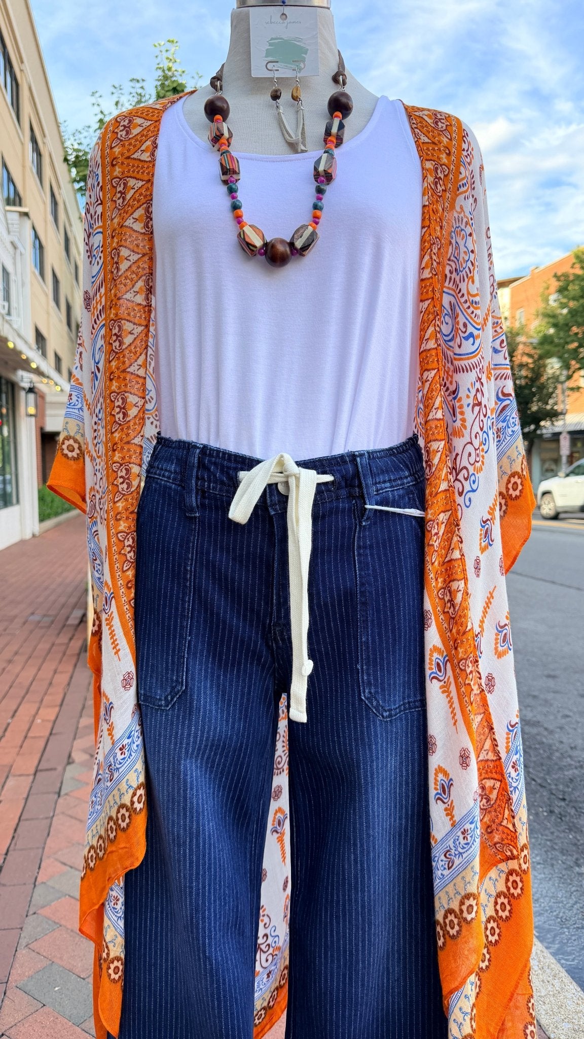 Orange Bordered Paisley Kimono Wrap - Rebecca James Clothing