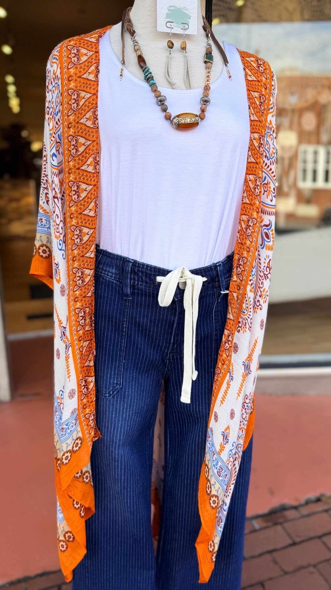 Orange Bordered Paisley Kimono Wrap - Rebecca James Clothing