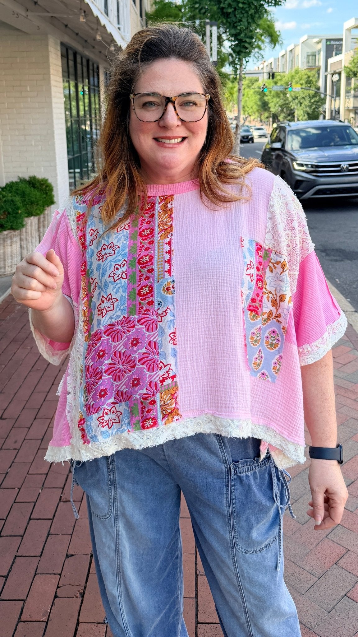Pink Boho Mixed Fabric Oversized Top - Rebecca James Clothing