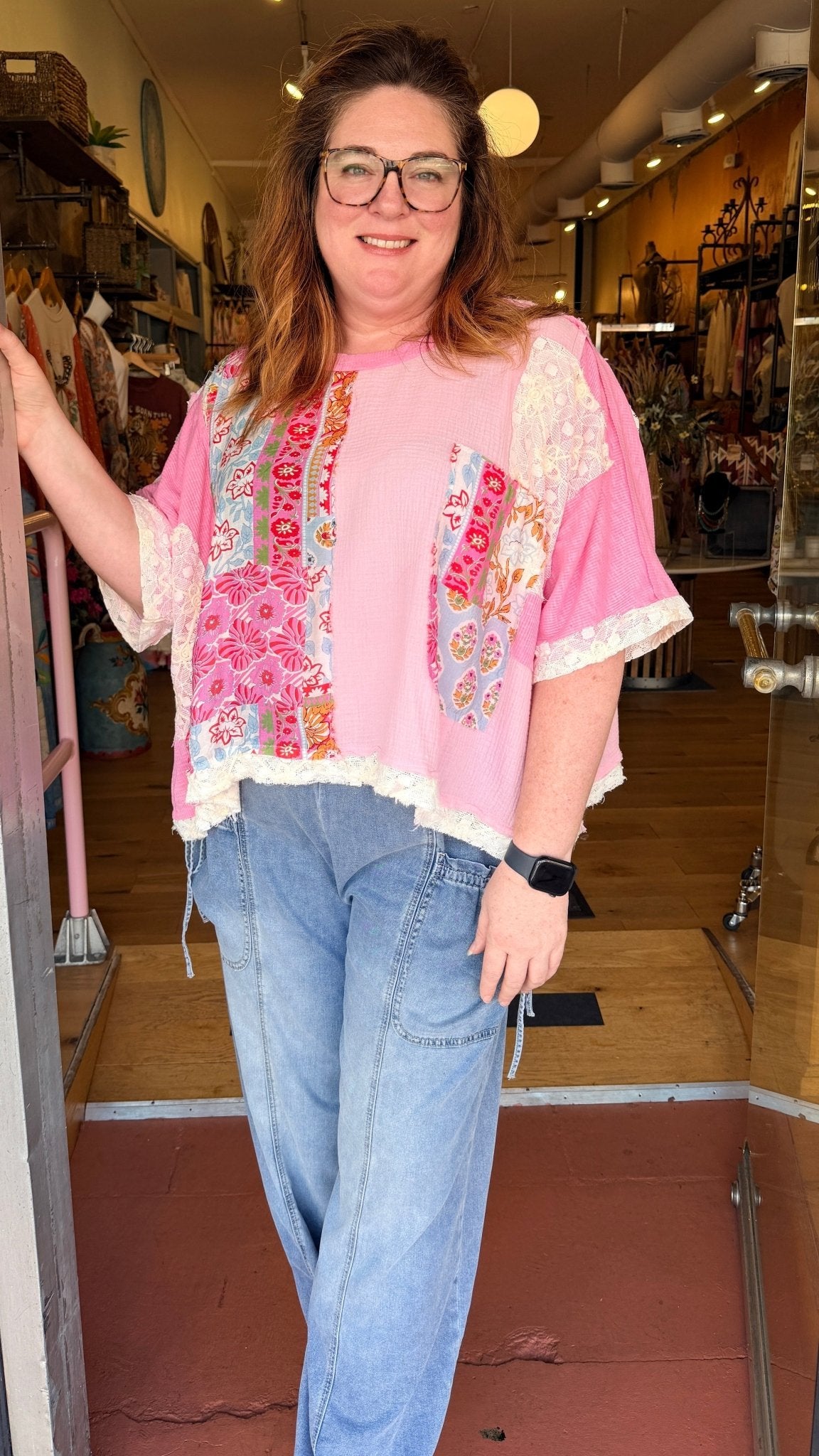 Pink Boho Mixed Fabric Oversized Top - Rebecca James Clothing
