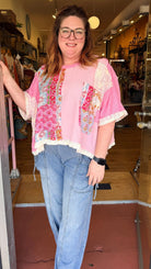 Pink Boho Mixed Fabric Oversized Top - Rebecca James Clothing