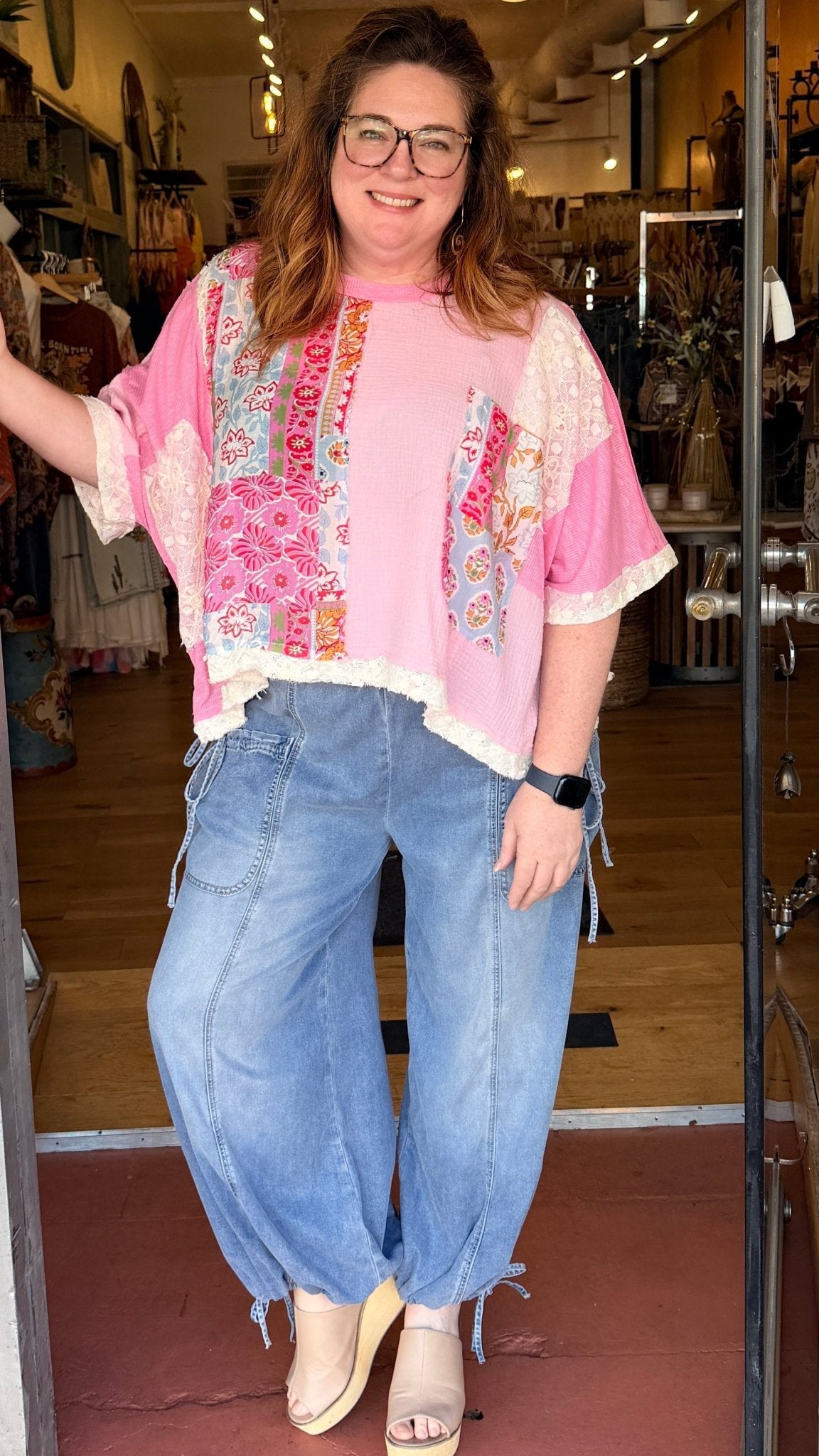 Pink Boho Mixed Fabric Oversized Top - Rebecca James Clothing