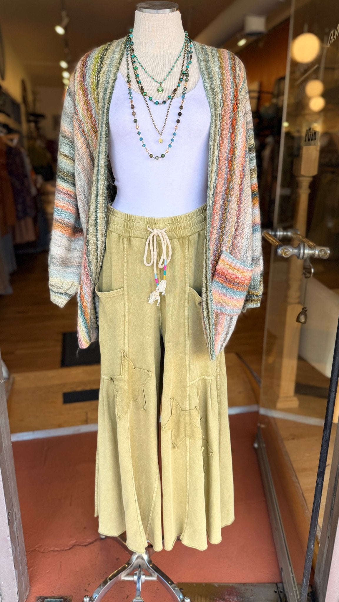 Pistachio Green Wide Leg Star Pants - Rebecca James Clothing