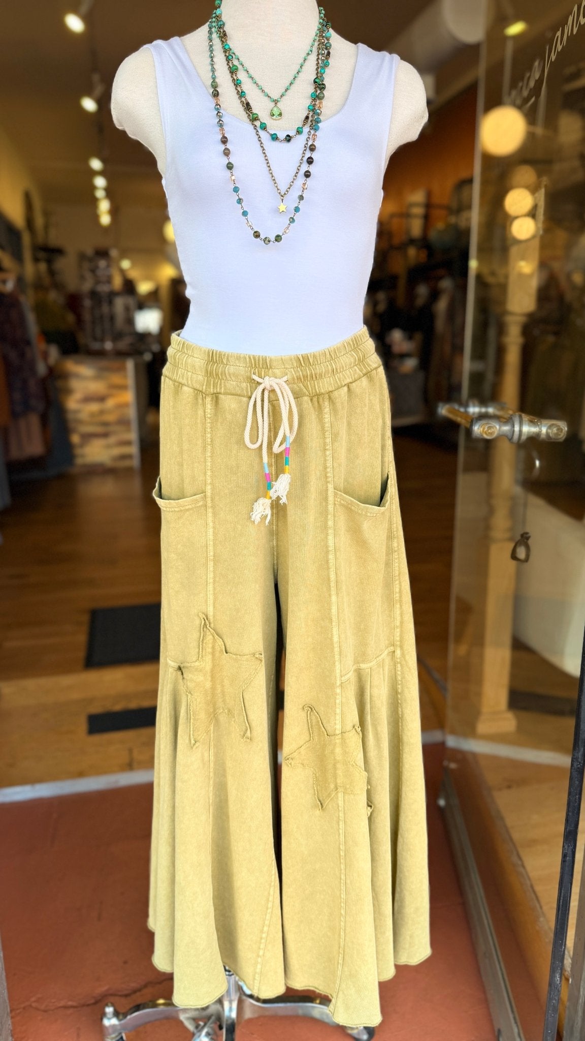 Pistachio Green Wide Leg Star Pants - Rebecca James Clothing