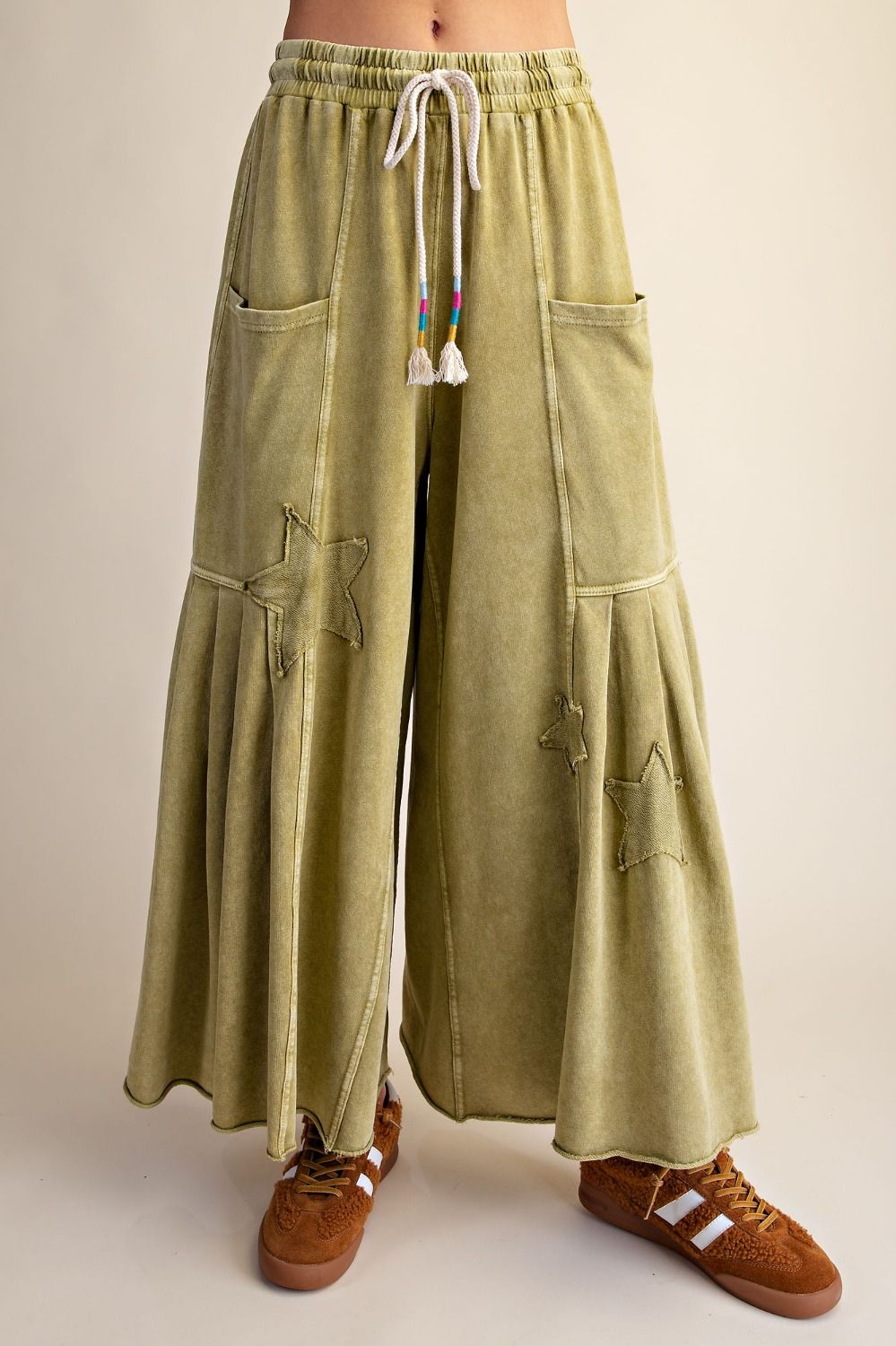 Pistachio Green Wide Leg Star Pants - Rebecca James Clothing