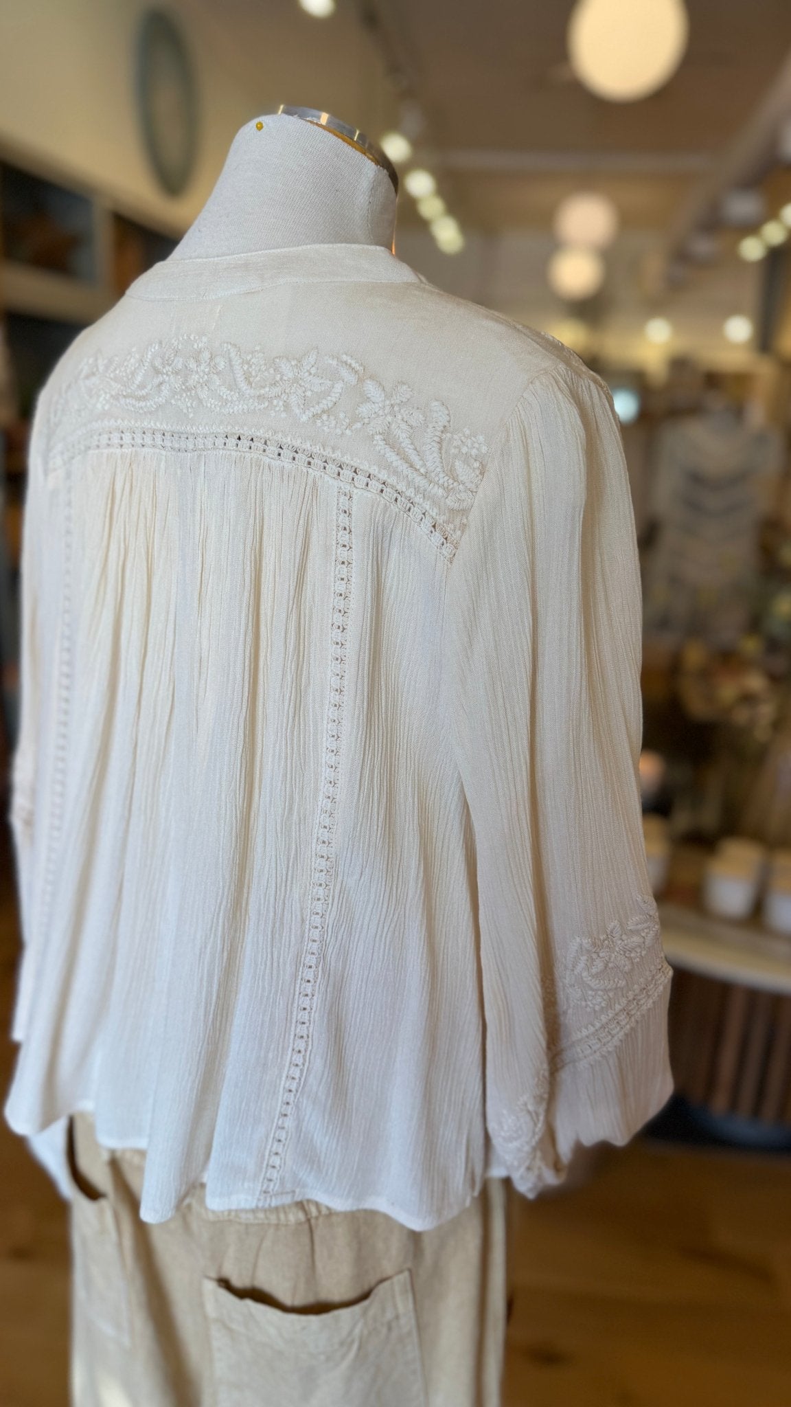 POL Embroidered Boho V - Neck Flowy Top in Cream - Rebecca James Clothing