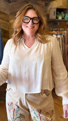 POL Embroidered Boho V - Neck Flowy Top in Cream - Rebecca James Clothing