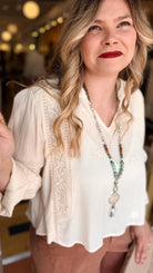 POL Embroidered Boho V - Neck Flowy Top in Cream - Rebecca James Clothing