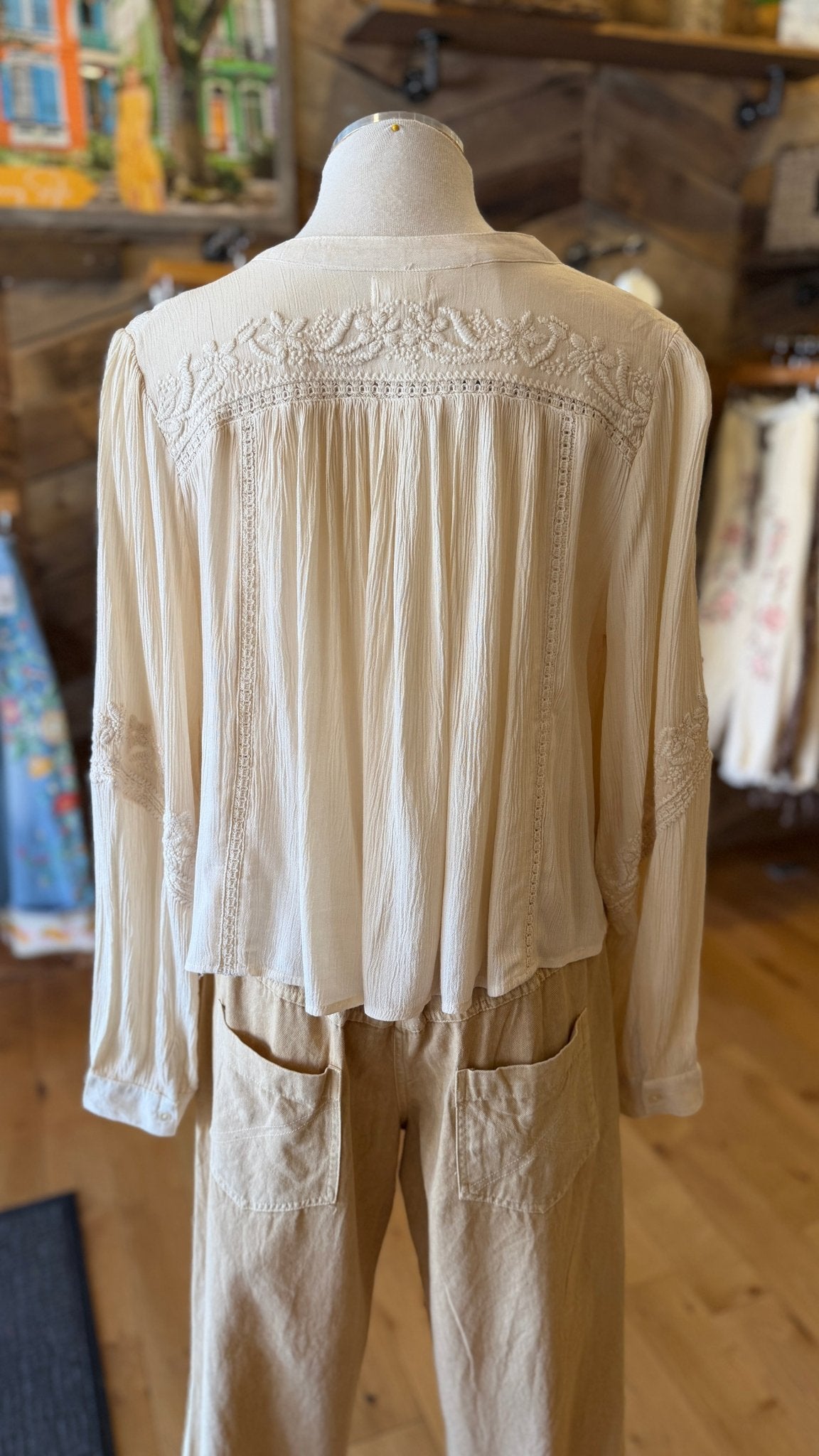 POL Embroidered Boho V - Neck Flowy Top in Cream - Rebecca James Clothing