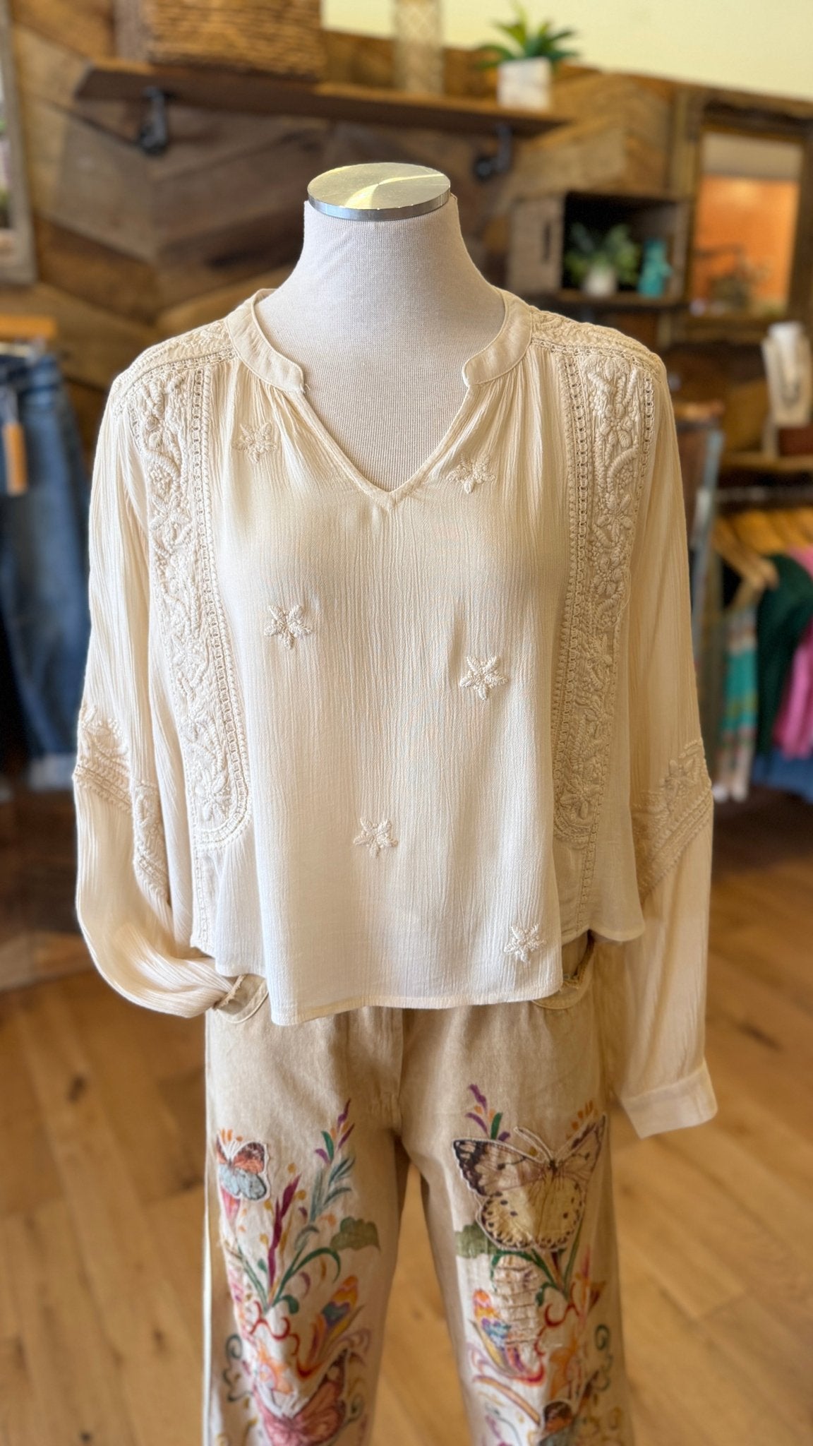 POL Embroidered Boho V - Neck Flowy Top in Cream - Rebecca James Clothing